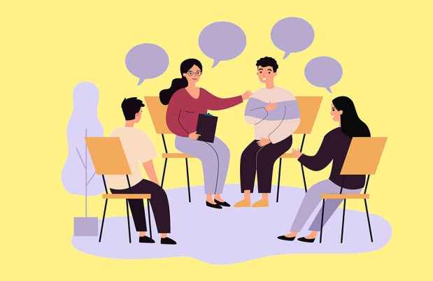 Graphic of group therapy, yellow background