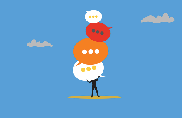 Illustration of figure holding talk bubbles
