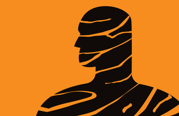 Illustration of broken up figure on orange background