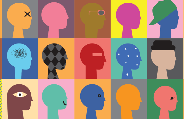 A grid of illustrated colorful human profiles with differences