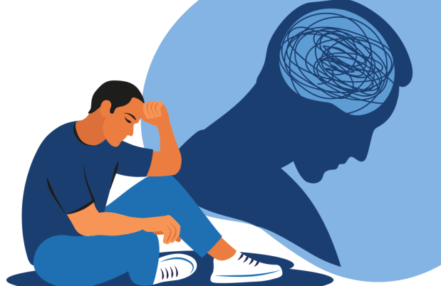Illustration of a person sitting with his head leaning on his hand. Behind him is a large blue cartoon profile of a head with scribbles in it
