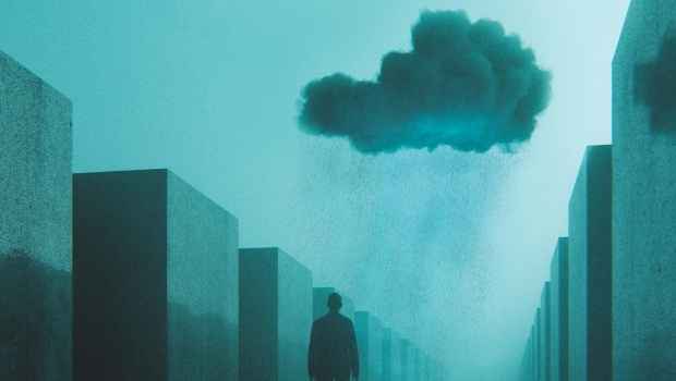 Illustration of figure walking between tall buildings, cloud overhead