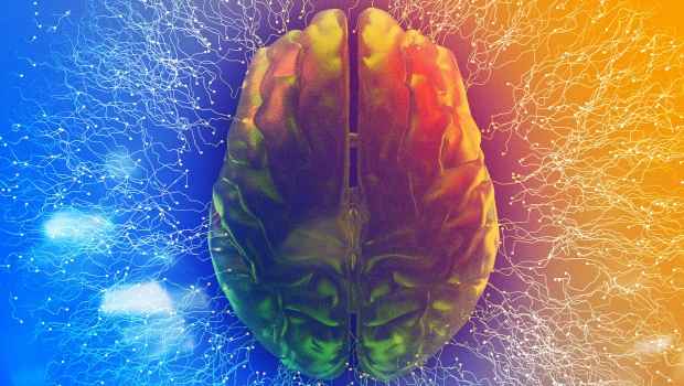 Illustration of a brain with a glowing blue and orange background