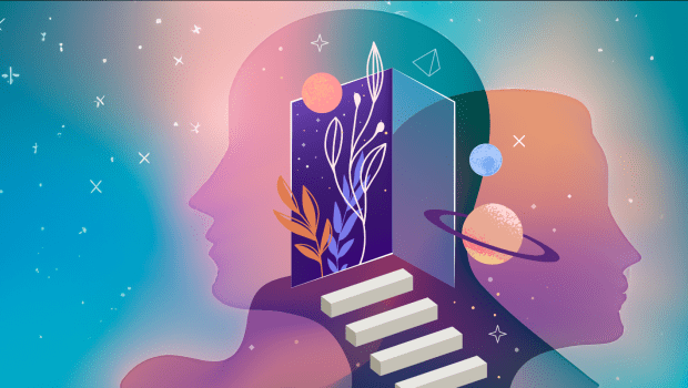 Illustration of heads and stairs to knowledge