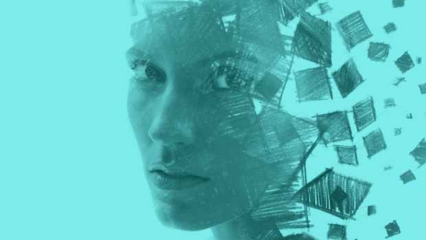 Illustration of a profile composed of scribbled squares on a teal background