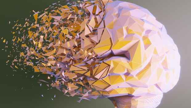 graphic illustration of a brain with yellow and purple shapes