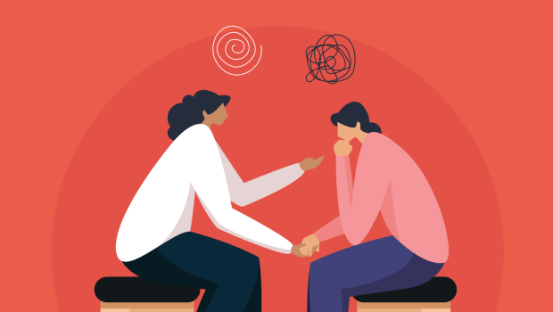 Illustration of two people sitting facing one another in front of a red background