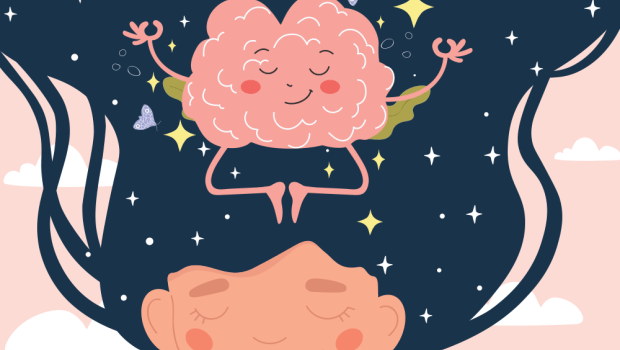 Illustration of a brain meditating above a girl smiling