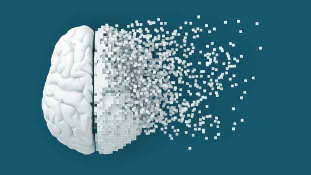 Graphic of white brain splitting apart into small white squares