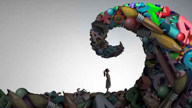 Graphic of a child standing below of a wave of school related items