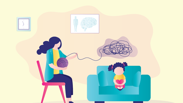 Illustration of small child sitting with clinician