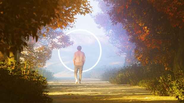 Figure walking toward circle in wooded area