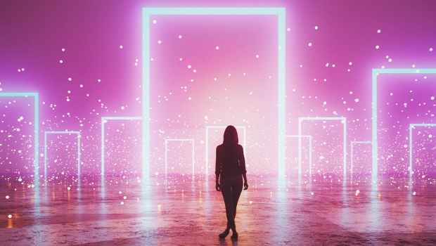 Graphic of figure walking toward doorframes on a bright pink background
