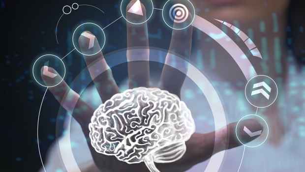 Graphic of a hand with brain and technology icons