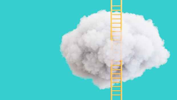 Cloud with a yellow ladder, teal background