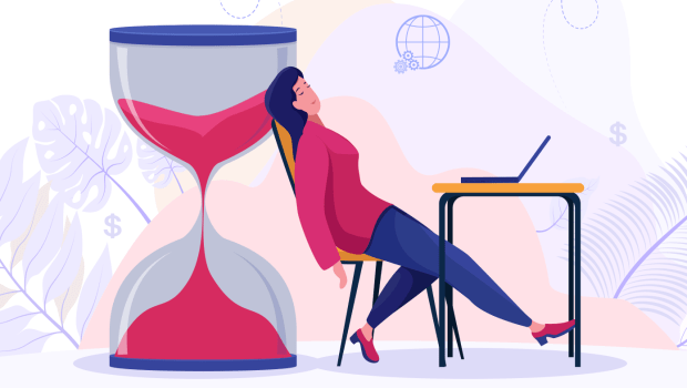 Illustration of a person leaning backwards on a large hourglass. There is a laptop open on the table in front of her