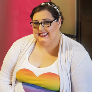 Woman in rainbow heart shirt
